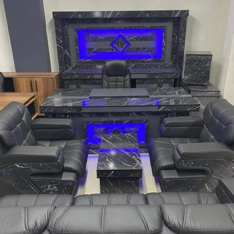 Mavi Led Işık Dekorlu Ultra Lüks Deri Koltuk Ofis Takımı